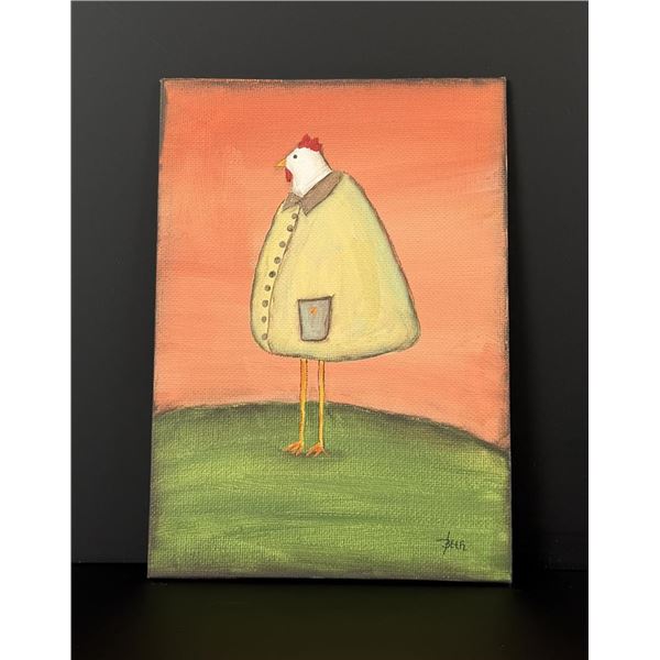 Folk Art Chicken in Coat Painting