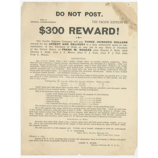 1893 Pacific Express Company Reward Wanted Poster