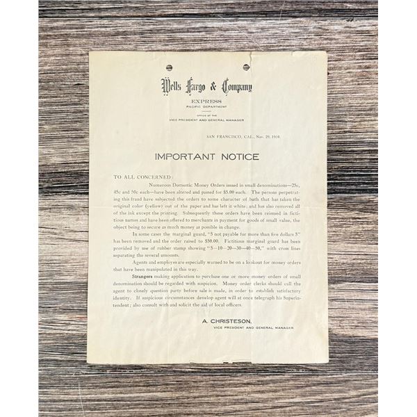 1910 Wells Fargo Notice Money Order Alterations