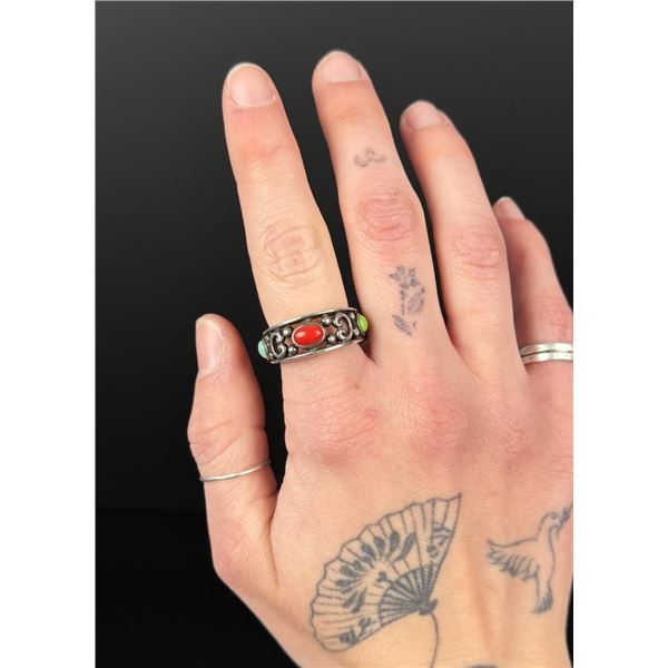 Sterling Silver Turquoise Gaspeite Coral Ring