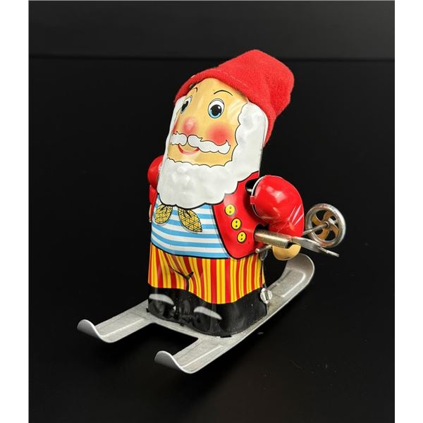 Tin Litho Key Wind Up Santa Skier Toy