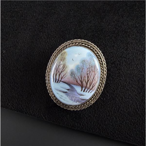 Russian Hand Painted Enamel Silver Brooch