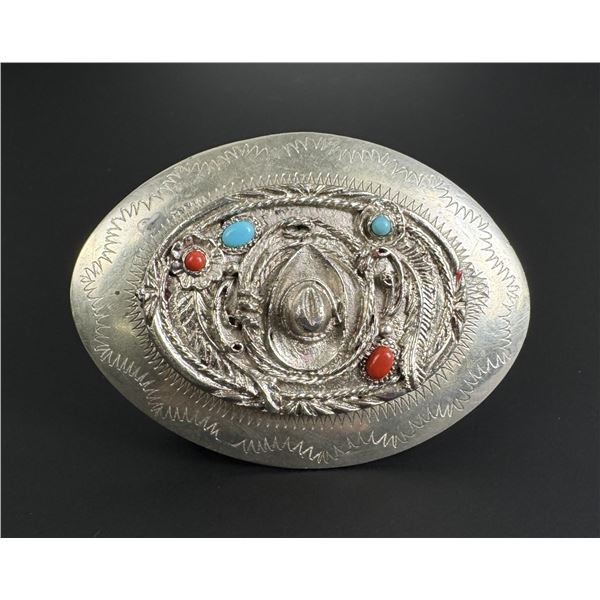 Navajo Nickel Silver Turquoise Coral Belt Buckle