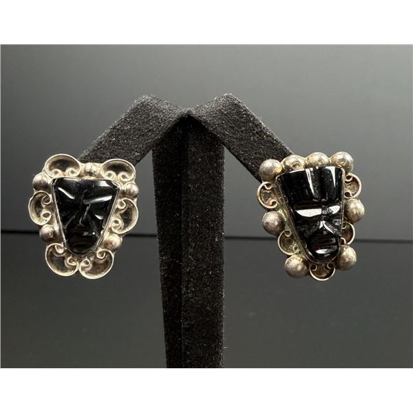 Taxco Mexico Sterling Silver Aztec Onyx Earrings