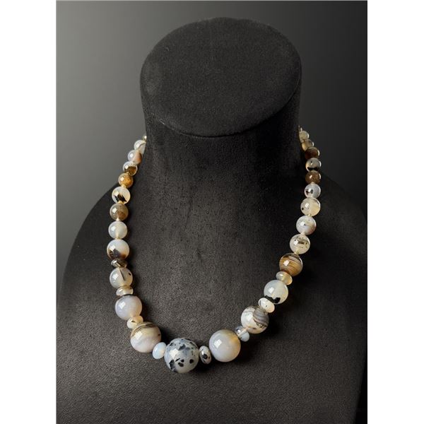 Carved Montana Picture Agate Bead Necklace