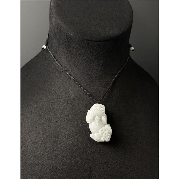 Chinese Carved White Jade Jadeite Pixiu Necklace