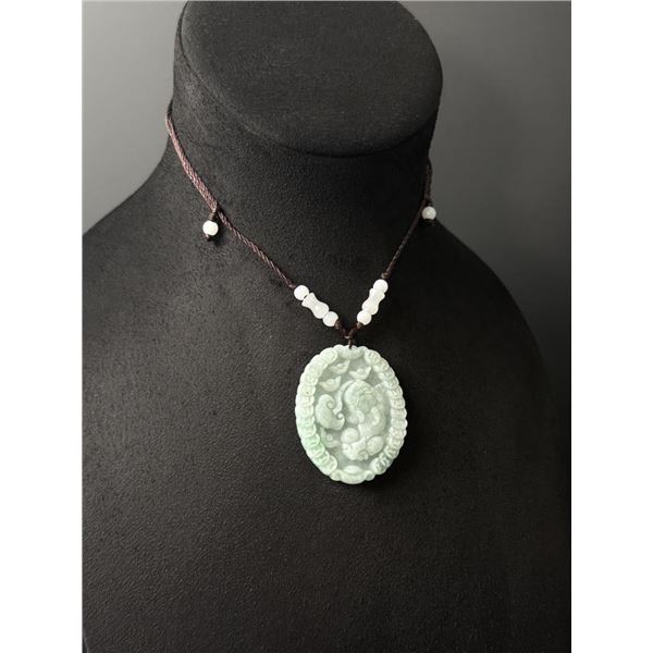 Chinese Carved Jade Jadeite Pixiu Ruyi Necklace