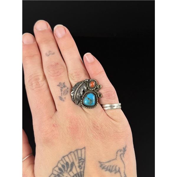 Navajo Sterling Silver Turquoise Coral Ring