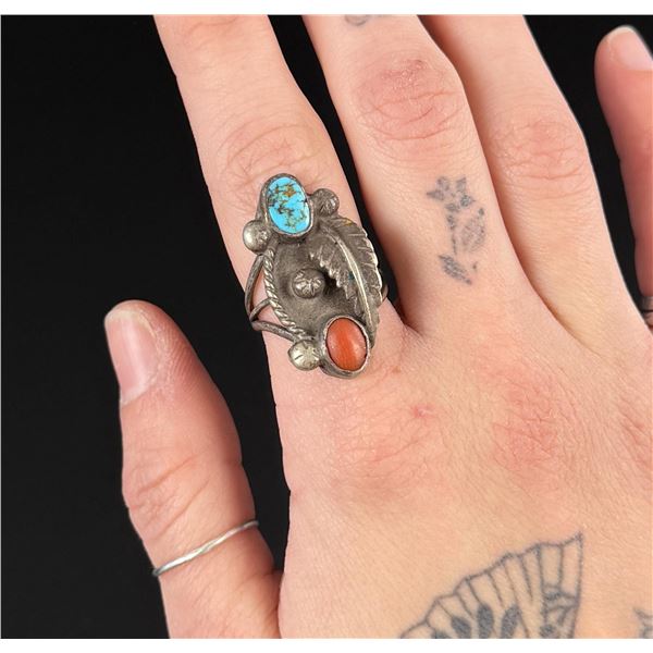 Navajo Sterling Silver Turquoise Coral Ring