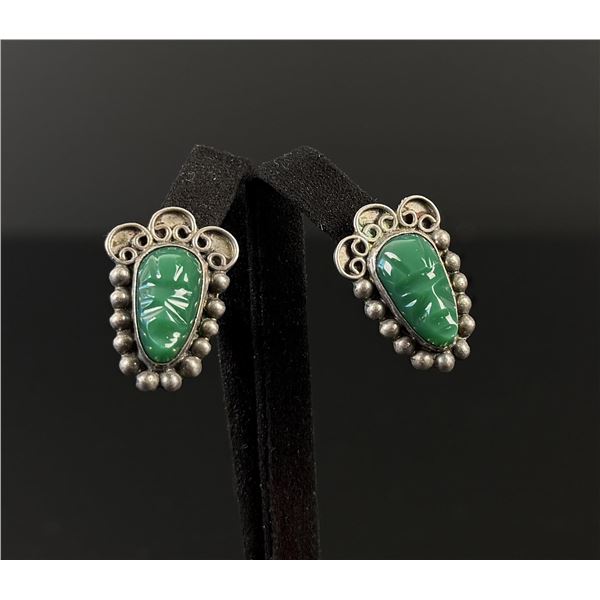 Taxco Mexico Sterling Silver Green Onyx Earrings