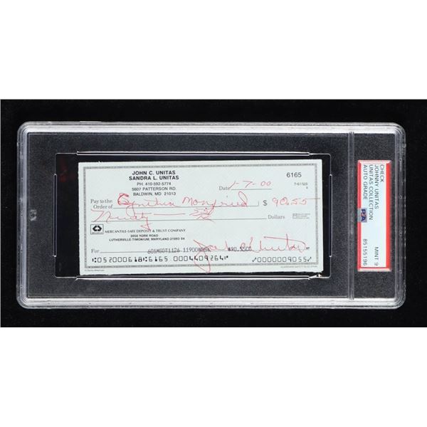 JOHNNY UNITAS SIGNED CHECK - PSA ENCAPSULATED