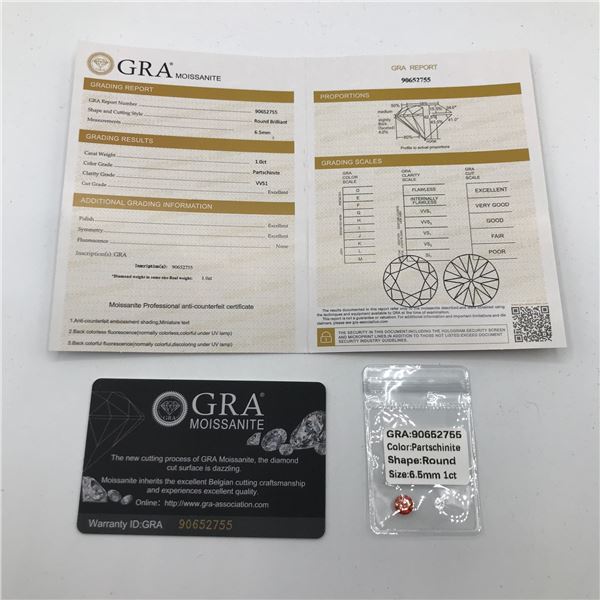 1CT MOISSANITE ROUND BRILLIANT PARTSCHINITE WITH GRA REPORT