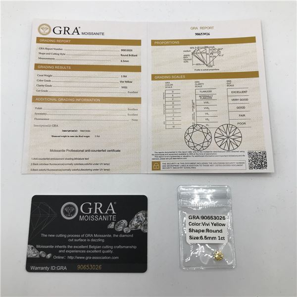 1CT MOISSANITE ROUND BRILLIANT VIVI YELLOW WITH GRA REPORT