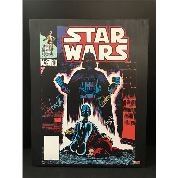 MARK HAMILL, ANTHONY DANIELS,HARRISON FORD SIGNED STAR WARS 20 X 28 CANVAS  - KB COA
