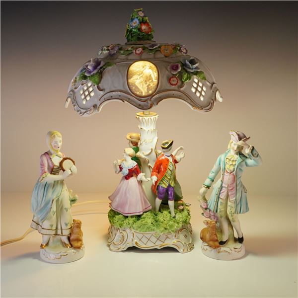3pc Capodimonte Porcelain Figural Lithophane Lamp with Lampshade and Hand Painted Figurines