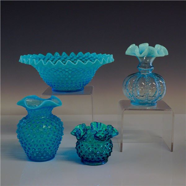Four Piece Collection of Fenton Blue Opalescent Art Glass- Vases and Bowl