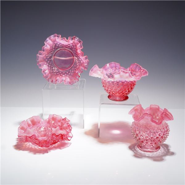 4pc Fenton Cranberry Opalescent Hobnail Glass Bowls and Vases