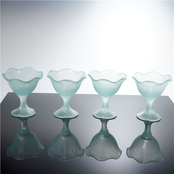 4pc French Frosted Seafoam Blue Glass Footed Dessert Bowls