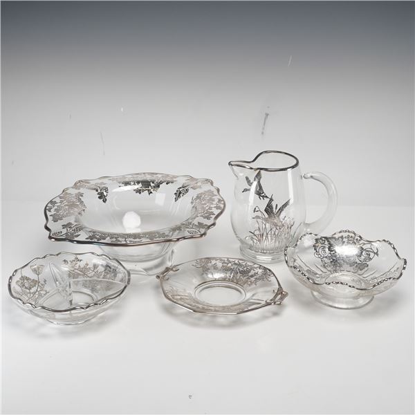 Assortment of Five American Silver Overlay Glass Tableware Items Including Flanders Pattern