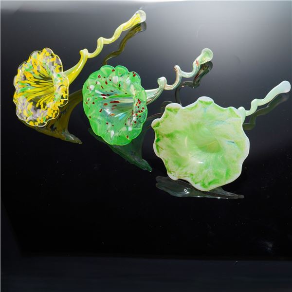 3pc Contemporary Hand-Blown Art Glass Flowers