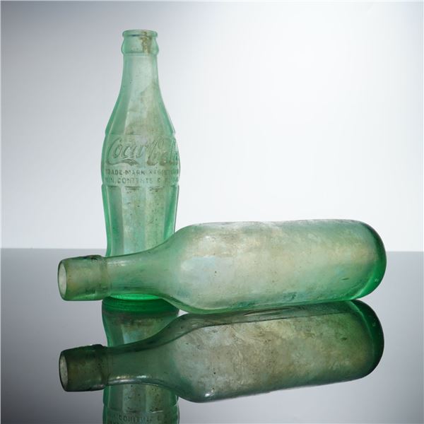 2pc Teal Glass Coca-Cola and Torpedo Bottles