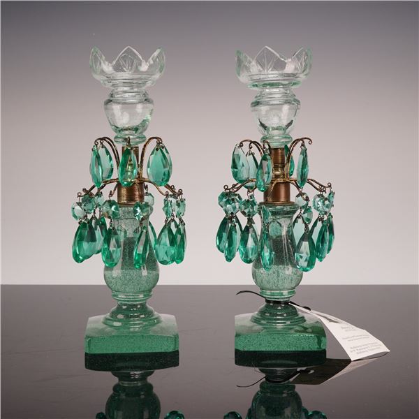 Pair of Art Deco Period Lustres Emerald Green Seeded Glass Candlestick Holders