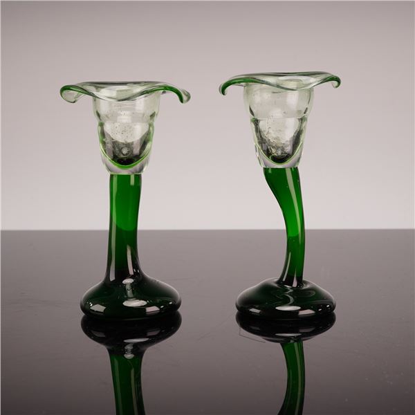 Pair of Hand-Blown Emerald and Seafoam Green Art Glass Candleholders