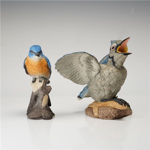 2pc Boehm Porcelain Figurines, Bluebird and Fledgling Blue Jay