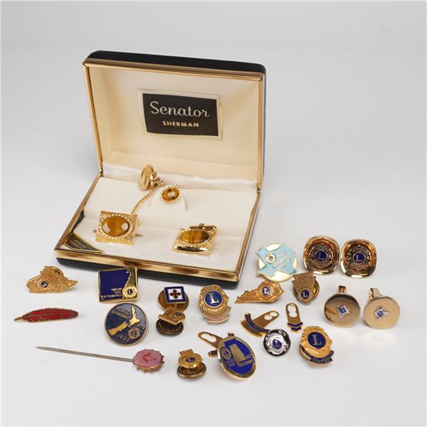 An Assortment of Lions Clubs International Service Pins, Masonic Pins and Cufflinks