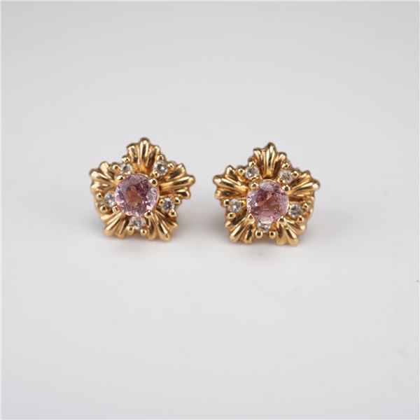 A Pair of 14K Yellow Gold Floral Stud Earrings w/ Diamonds & Pink Stones