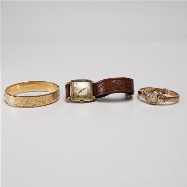 3pc Gold-Filled Waltham & Bulova Wristwatches w/ Bangle Bracelet