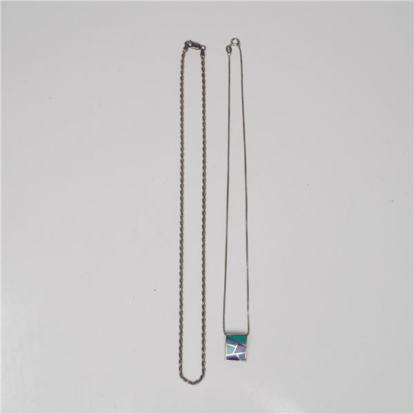 2pc Sterling Silver Necklaces Including Inlay Pendant & Rope Chain