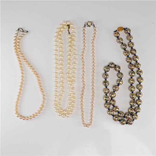 A Collection of Four Necklaces, Pearl and Cloisonne Styles