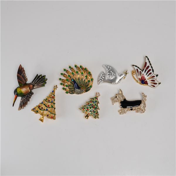 7 pc Rhinestone and Enameled Costume Jewelry Brooches