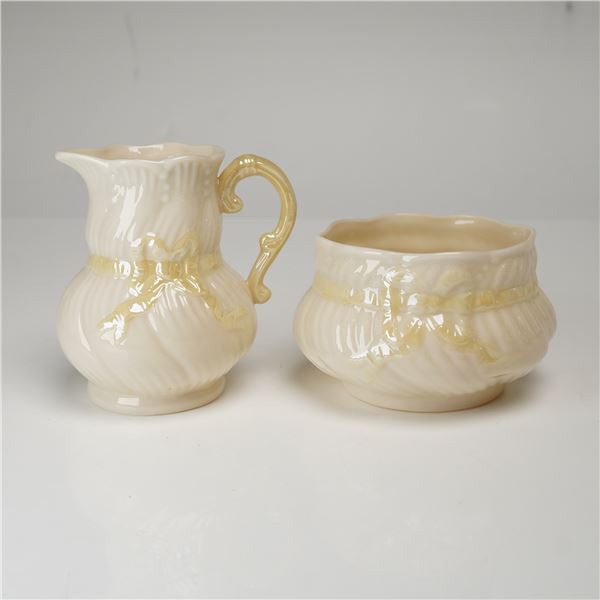 Belleek Bow Pattern Parian China Creamer and Sugar Bowl