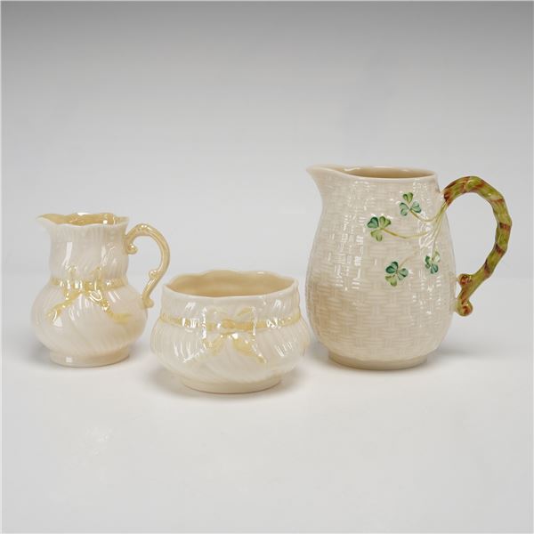 Three Piece Belleek Parian Porcelain Tableware in Shamrock and Ribbon Patterns
