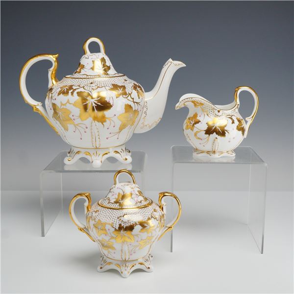3pc Royal Chelsea Gilded Bone China Tea Service - Teapot, Creamer and Lidded Sugar Bowl