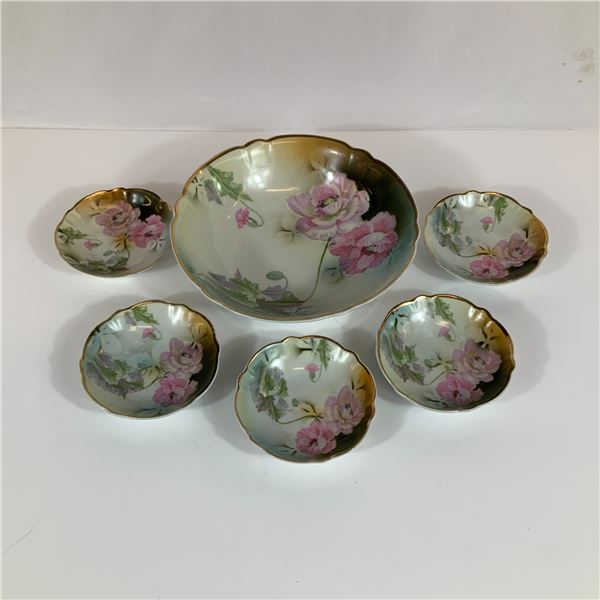 6pc German Porcelain Pink Poppy Plate Set