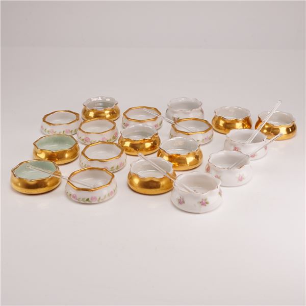 Collection of O. & E.G. Royal Austria Porcelain Salt Cellars and Glass Spoons