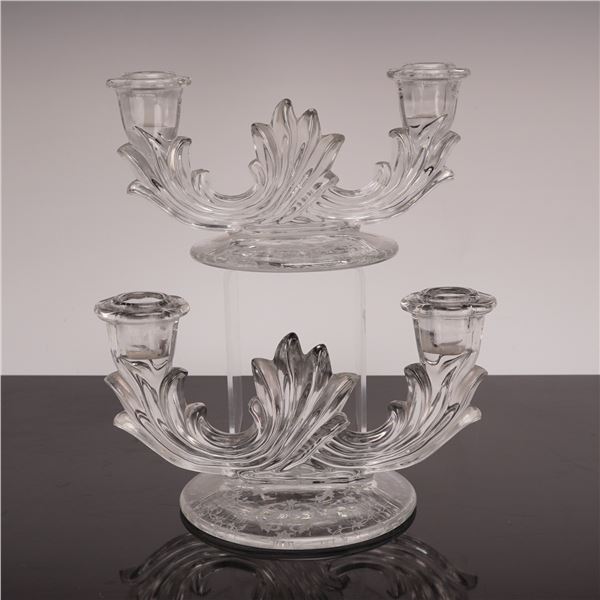 Pair of Fostoria Style Versailles Pattern Etched Glass Double Light Candleholders