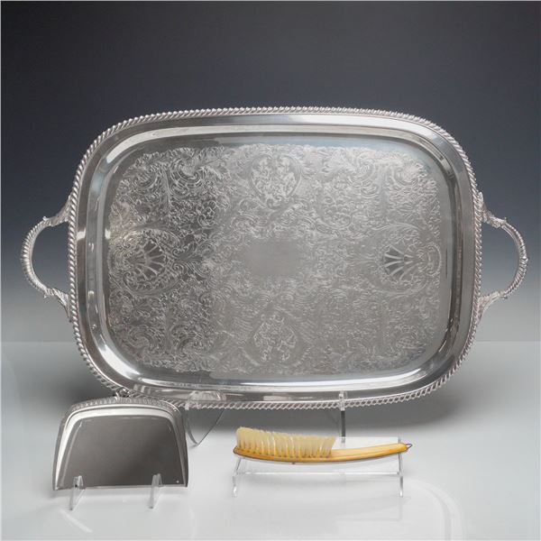 3pc Large Silver-Plated Serving Tray and Silent Butler Crumb Set