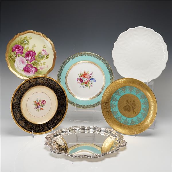 6pc Decorative Porcelain Plates & EP Copper Plate Tray