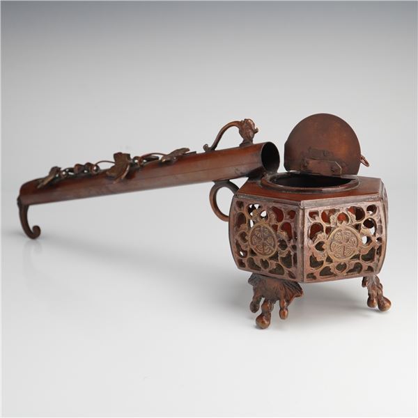 Meiji Period Cast Bronze and Mixed Metal Yatate Calligraphy Brush Holder & Inkwell