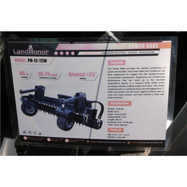 Landhonor Power Rake  84" W  Racking w/72" - # PR1272W - NEW