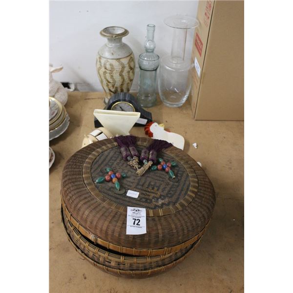 Woven Basket, Mantle Clock, Piggy Bank, Rooster Décor