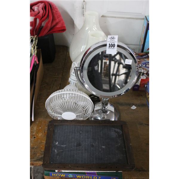 Lighted Vanity Mirror, Books, Fan, Globe Shades