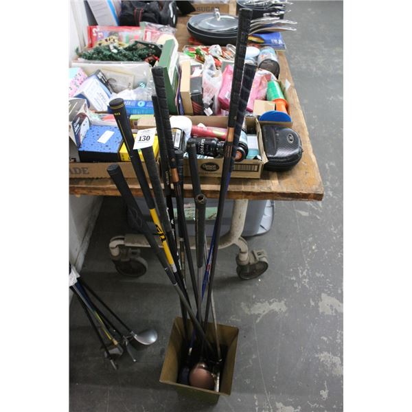 Metal Waste Can w/Asst. Golf Clubs, Driver, Putters