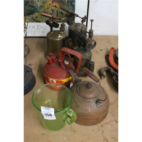 Vintage Torches, Gas Can, Copper Teapot, Vasoline Pitcher
