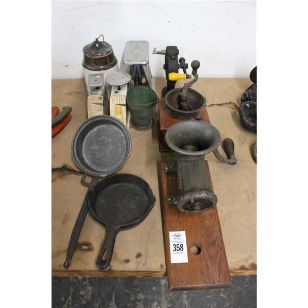 Cast Iron Pans, Grinders, Vintage Toaster, Scale, Croc