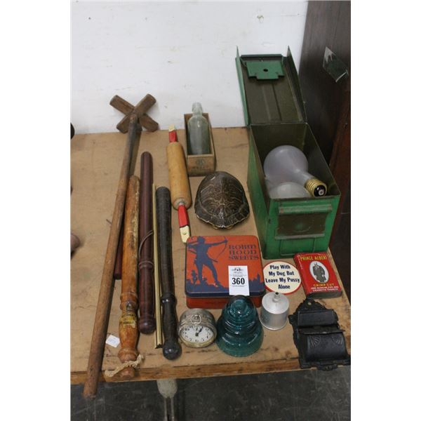 Vintage Rolling Pin, Bottle, Bulbs, Tins, Alarm Clock, Clubs, Cast Bin w/Turtle Shell
